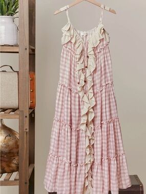 Women's Pink Gingham Maxi Dress with Ruffle Trim